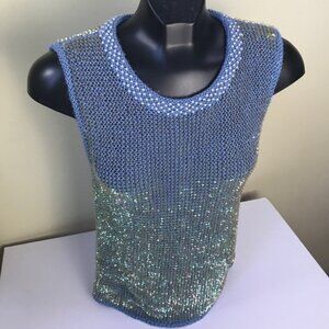 Mac & Jac Vintage Y2K Sleeveless Sweater Beads Sequins Metallic Top Blue Preppy